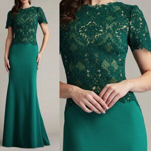 NWT Tadashi Shoji Mitra Lattice Embroidered Bodice Gown Dress emerald CGC24685L